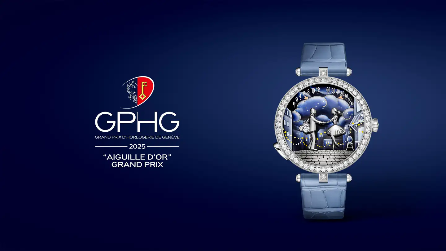Lady Arpels Bal des Amoureux Automate saat. Rodyum kaplama 18K beyaz altın, yuvarlak pırlantalar, grisaille mine, renkli grisaille mine, rodyum kaplama karakterler, çift retrograd fonksiyonlu kendinden kurmalı mekanik mekanizma, otomaton mekanizması ve isteğe bağlı animasyon. Poetic Complications koleksiyonu. Demo.